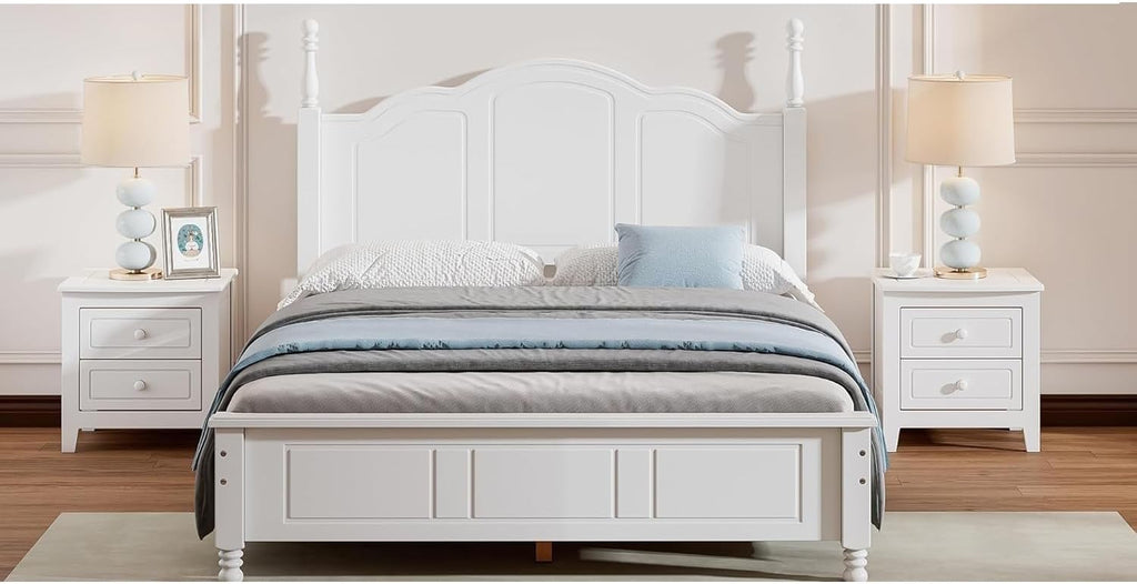 A Three-piece Furniture Set, A Sturdy Wooden Bed with A Bedside Table, Suitable for A Family Setting(White(Full))