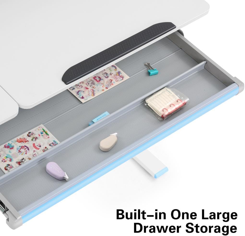 COSVALVE 39in Wide Adjustable Height Kids Desk with Tilting Desktop, Steel Frame, Drawer, and Bookshelf Hutch, Study Child Table for Ages 3-12, Blue