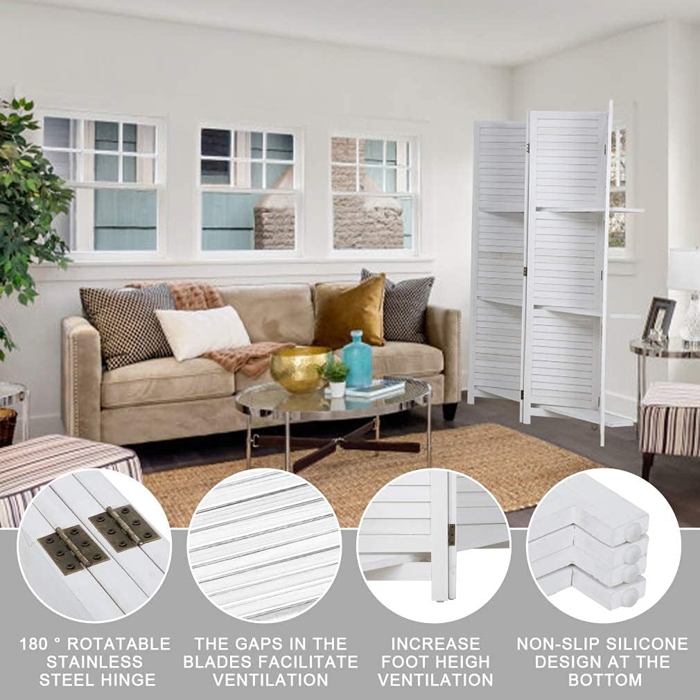 FDW 4 Panel Room Divider Folding Privacy Wooden Screen with Three Clever Shelf Portable Partition Wood Divider for Home Office, White