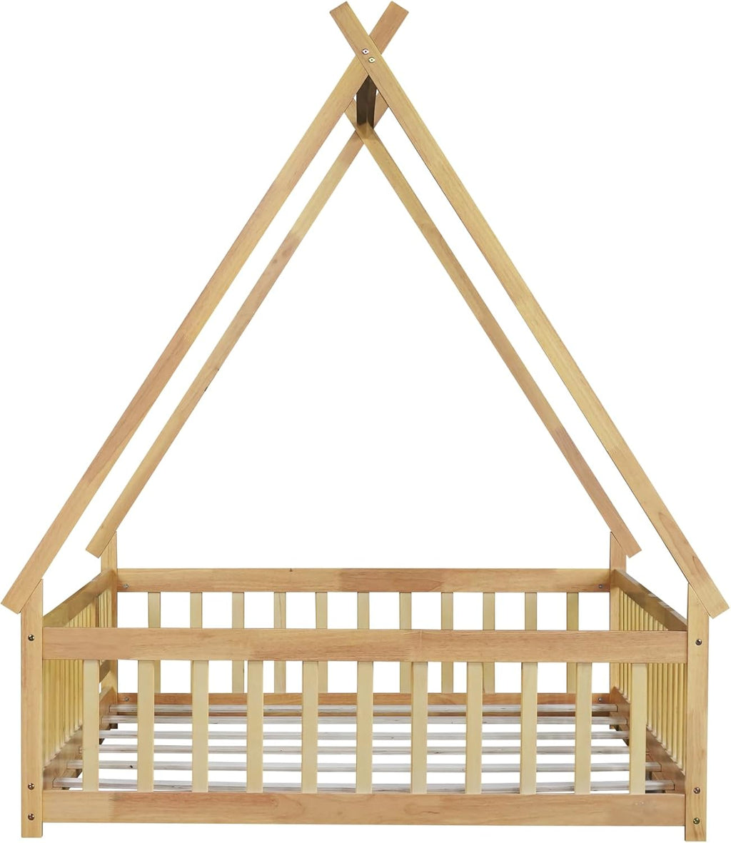 Bellemave Full Size Tent Floor Bed for Kids,Montessori Floor Bed with Door and Guardrails,Teepee Bed for Girls Boys(Full,Natural)