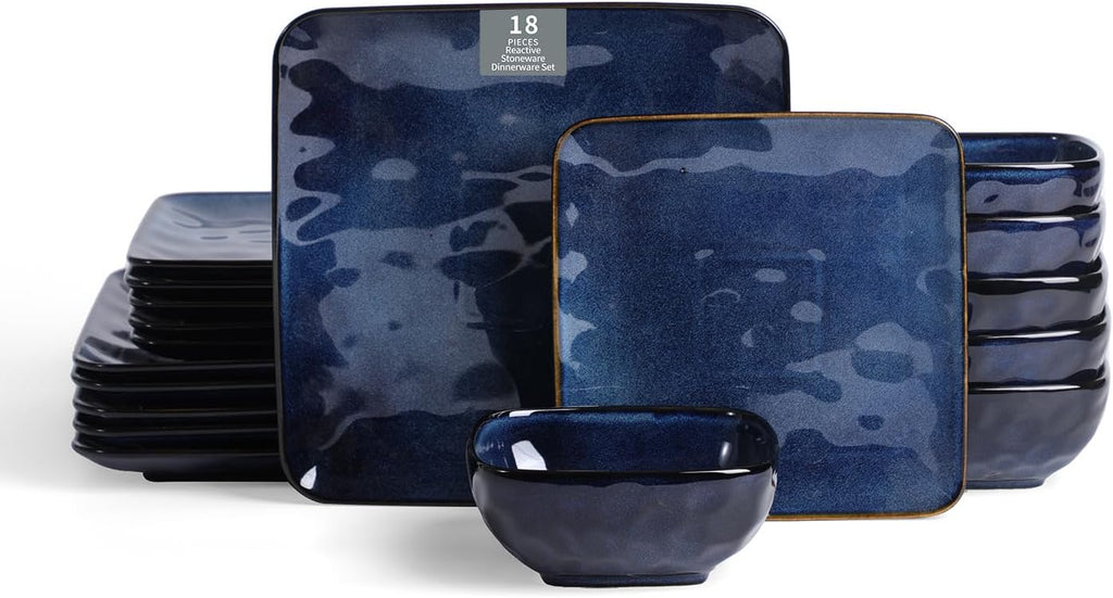 Vicrays Ceramic 18 Pieces Square Dinnerware Set - Dinner Plates Salad Plates Cereal Bowls Set Service for 6 - Scratch Resistant Microwave Oven Dishwasher Safe - Blue