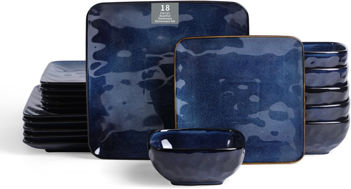 Vicrays Ceramic 18 Pieces Square Dinnerware Set - Dinner Plates Salad Plates Cereal Bowls Set Service for 6 - Scratch Resistant Microwave Oven Dishwasher Safe - Blue