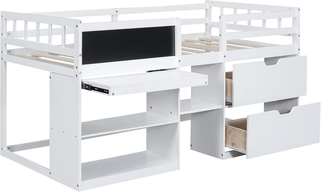 JIVOIT Wooden Low Loft Bed Frame with Rolling Desk, Two Drawers and Two-Tier Bookshelf, Twin Size Loft Bed with Blackboard, Full-Length Guardrail and Built-in Stair (White with Rolling Desk 013)