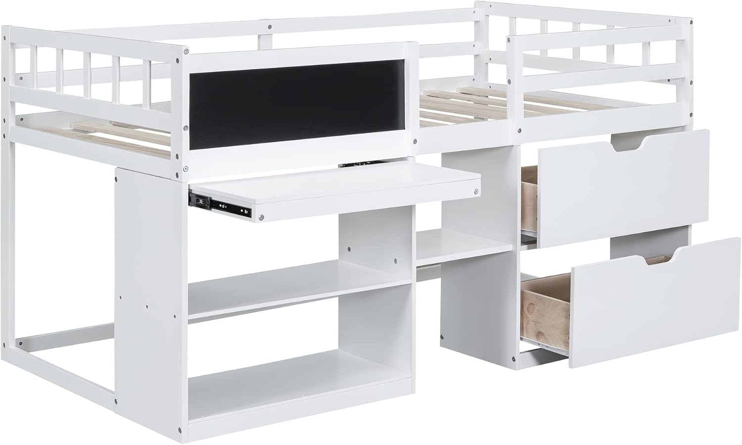 JIVOIT Wooden Low Loft Bed Frame with Rolling Desk, Two Drawers and Two-Tier Bookshelf, Twin Size Loft Bed with Blackboard, Full-Length Guardrail and Built-in Stair (White with Rolling Desk 013)