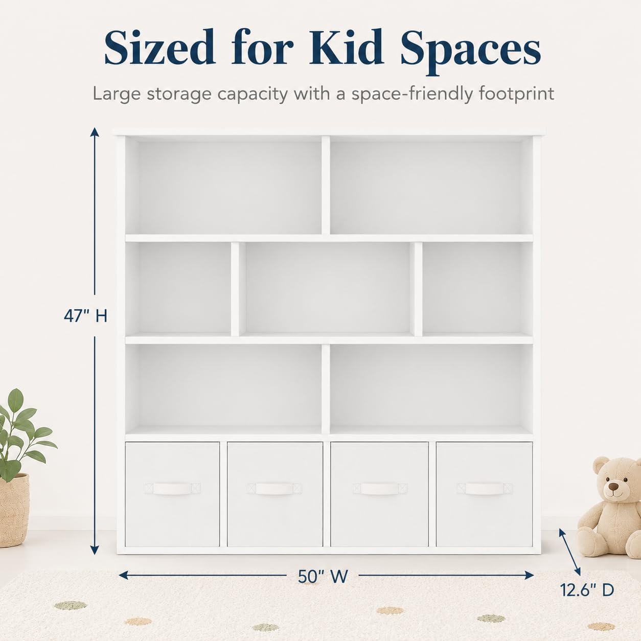 EROMMY Toy Storage Organizer and Kids Bookshelf, 7 Cubbies, 4 Drawers | 50'W x 47'H storage cabinet with anti-tip kit and removable fabric drawers for playrooms, bedrooms, and nurseries