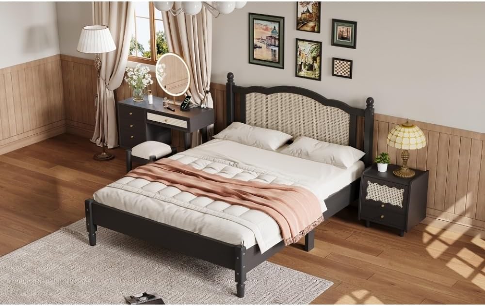 3 Pieces Bedroom Set with Full Size Wooden Bed Frame, 1 Vintage Nightstand and 1 Makeup Vanity Set with Stool,Black (Black + Wood + Full + 3 Piece Set)