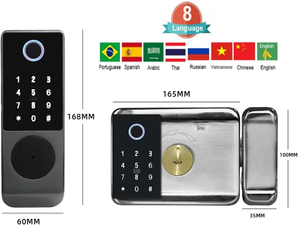 Tuya WiFi Smart Lock，Waterproof IP65 Double Side Fingerprint Code IC Card Electronic Outdoor Gate Lock，8 Languages Speaker(E)