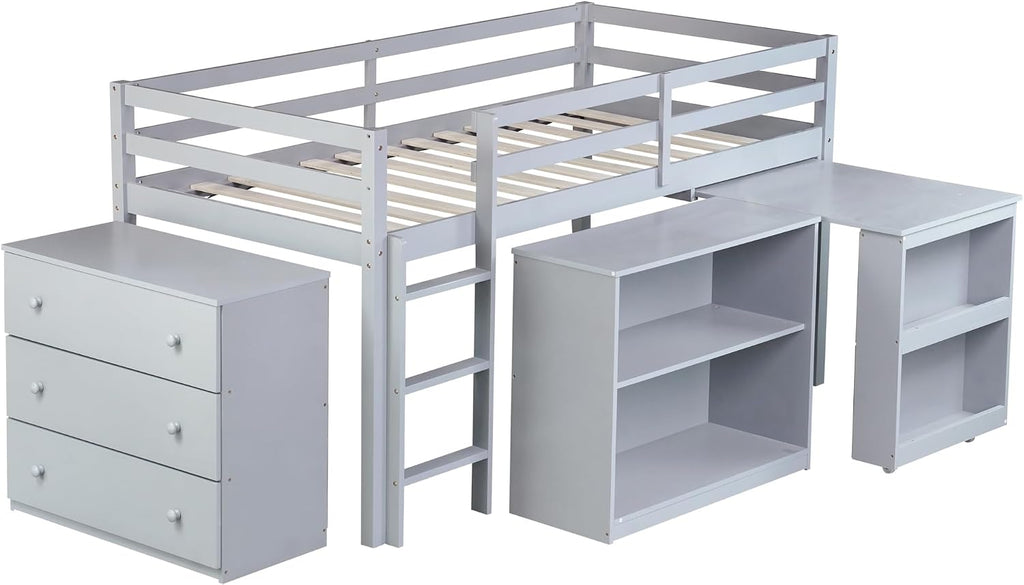 Twin Loft Bed, Multifunctional Loft Bed with Drawer Cabinet, Shelf Cabinet and Pulling-Out Desk, Flexible Under-bed Storage Space, Rubber Wood Loft Bed with Safety Guardrail and Ladder (Grey/261)