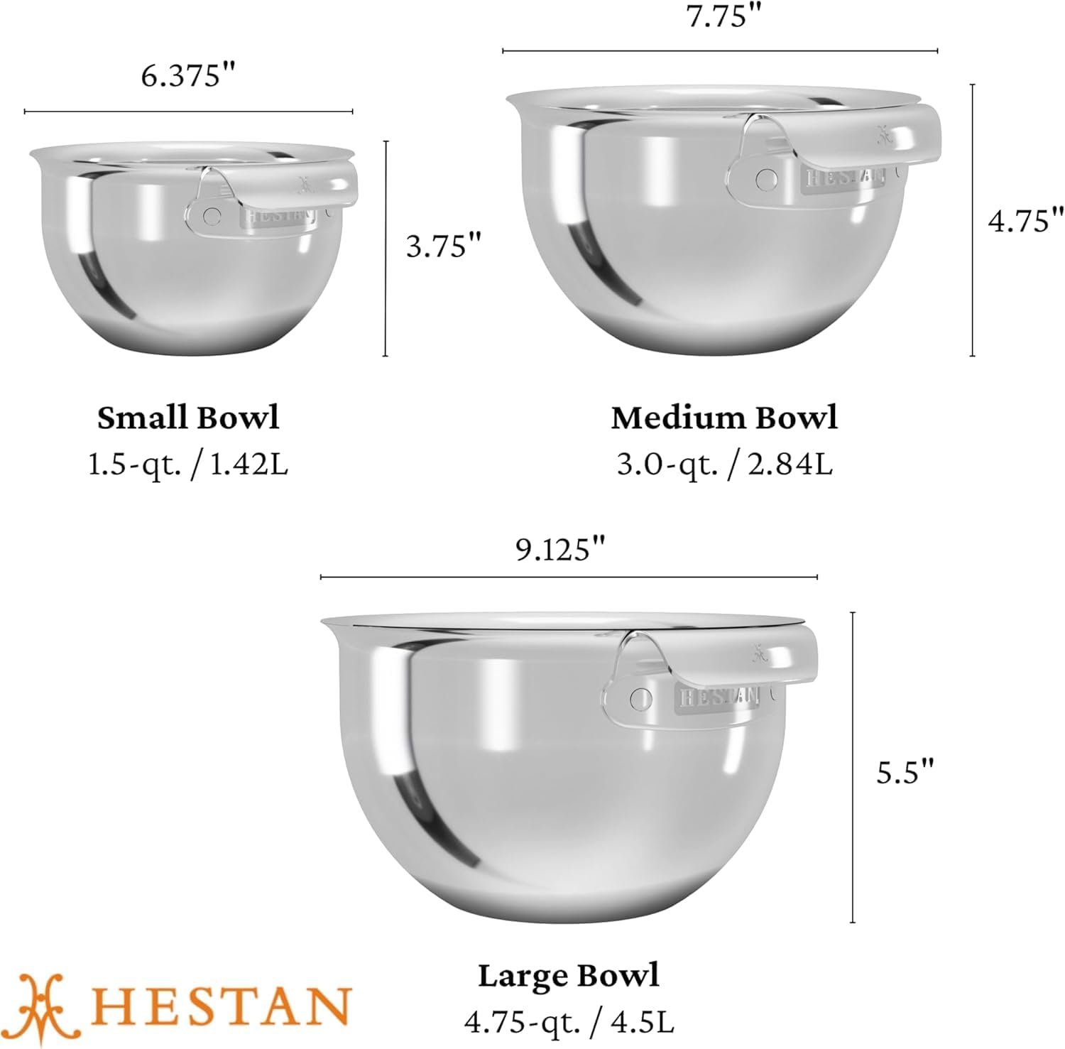 Hestan Provisions – 3-Piece Stainless Steel Mixing Bowl Set – 1.5qt, 3qt, and 4.75qt, Nesting Design