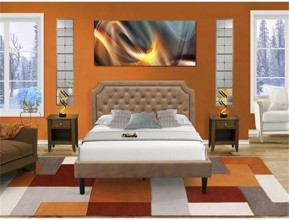 East West Furniture GB28Q-2GA08 3-Piece Granbury Bedroom Furniture Set with Button Tufted Upholstered Bed and 2 Antique Walnut Small Nightstands - Brown Faux Leather with Brown Texture and Black Legs