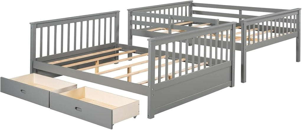 Bed Frames for Kids, Grey Bedding Set Full Over Full with 2 Drawers Ladder and Rail Guard Solid Wood Slats Bunk Bed for Boys and Girls Bedroom