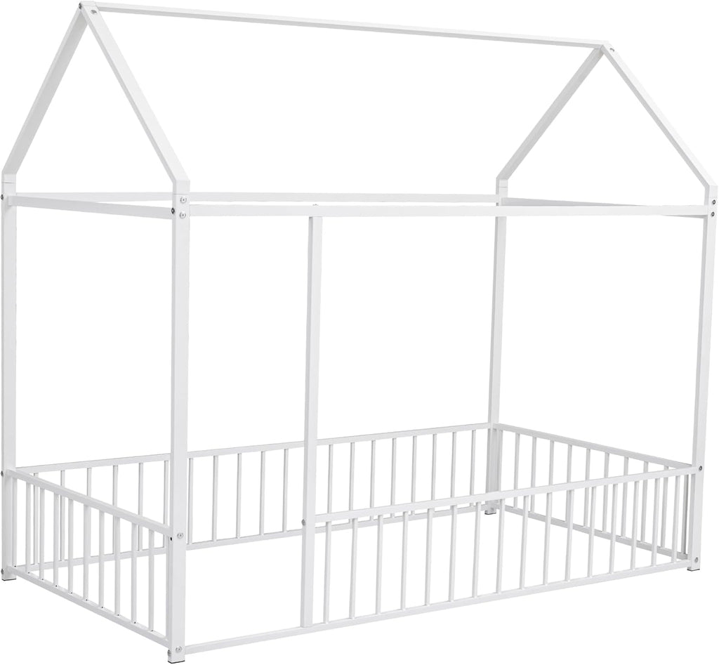 Bellemave Twin Floor Bed Frame, Metal Montessori Floor Bed Twin with Fence for Boys Girls Bedroom Playhouse for Kids No Slat, Easy Assembly House Shaped Floor Beds White