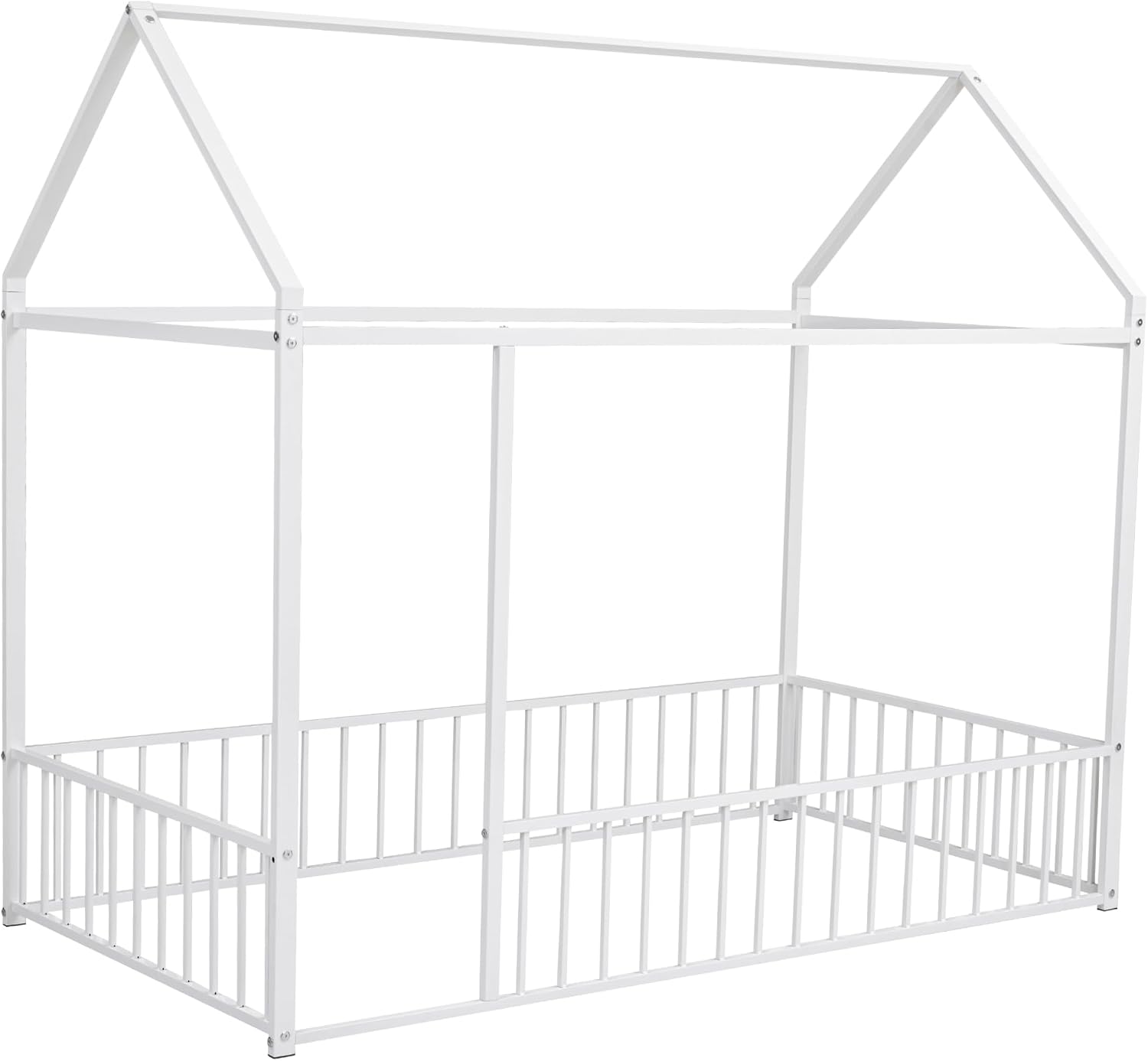 Bellemave Twin Floor Bed Frame, Metal Montessori Floor Bed Twin with Fence for Boys Girls Bedroom Playhouse for Kids No Slat, Easy Assembly House Shaped Floor Beds White