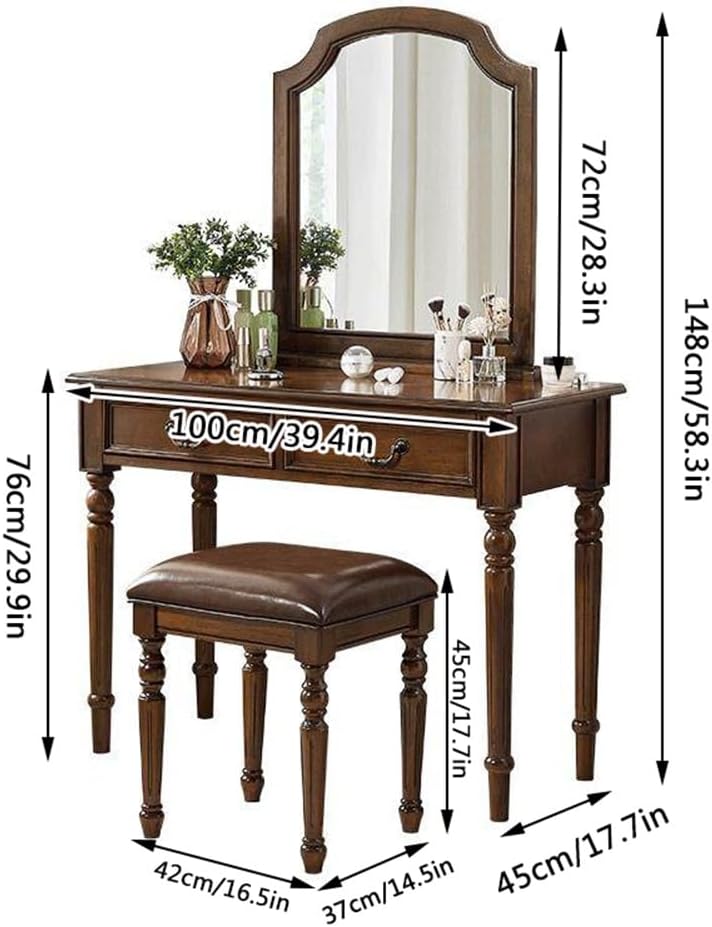 Vintage Vanity Desk with Mirror, Wooden Dressing Table Set for Bedroom with 2 Drawers, Cushioned Stool for Girls Women