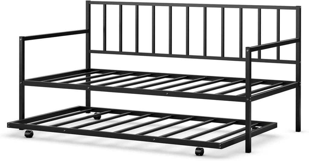 COSTWAY Twin Size Daybed and Trundle, Metal Frame Daybed and Roll Out Trundle w/Steel Slat Support & 4 Lockable Casters, Heavy-Duty Daybed for Guest Room, Bedroom (Black)