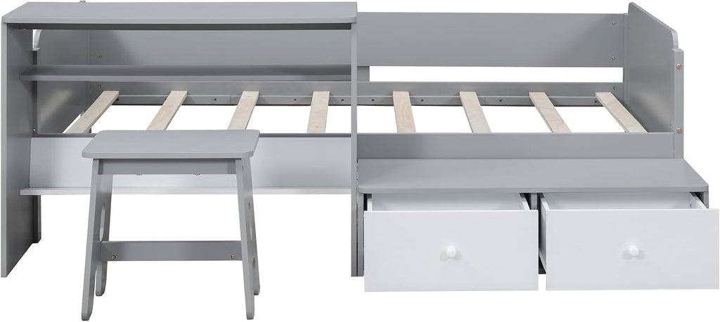 Functional Design Twin Size Platform Bed Daybed with 2 Drawers and 1 Chair&Desk Set, Solid Wood Daybed Frame with Full-Length Guardrails for Kids Boys Girls, Sturdy Slat Support (Gray+White)