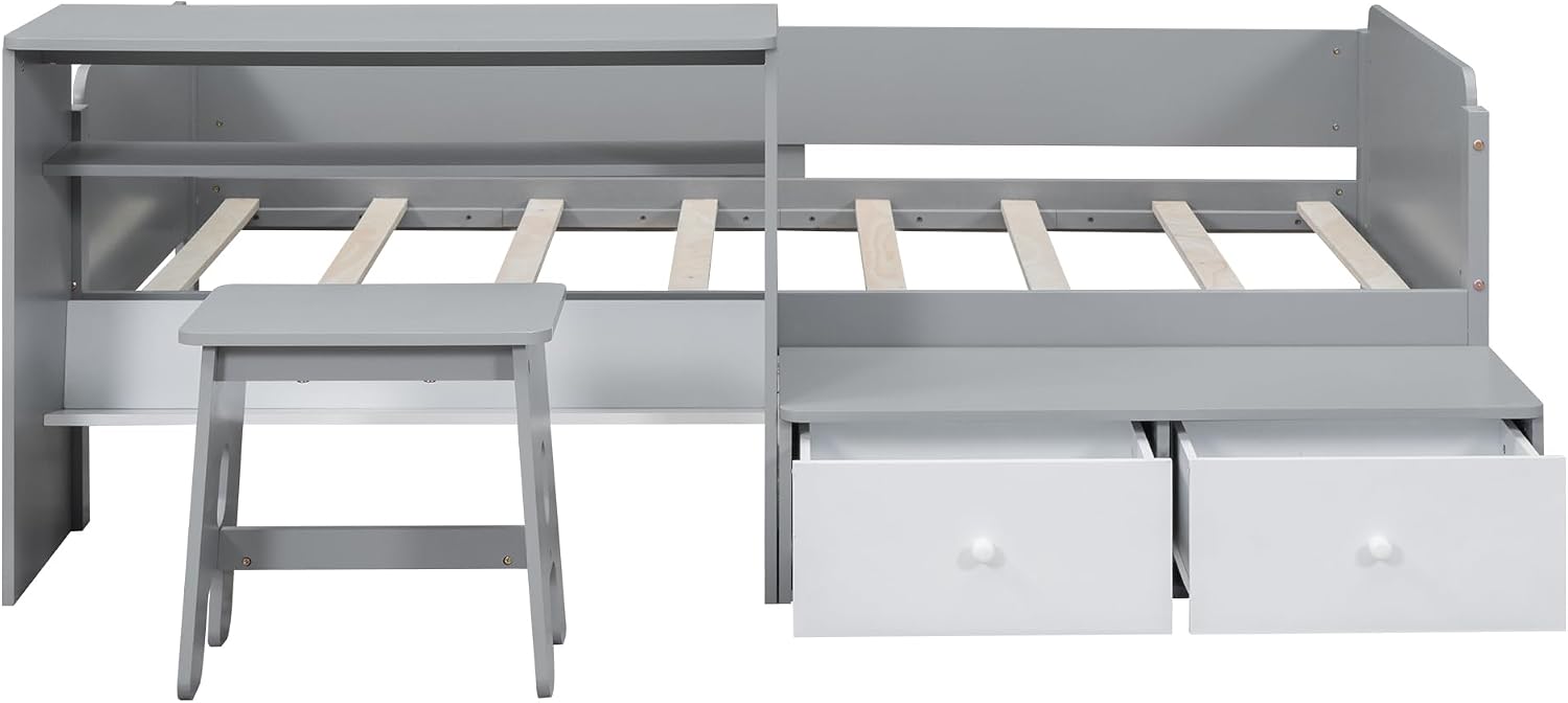 Functional Design Twin Size Platform Bed Daybed with 2 Drawers and 1 Chair&Desk Set, Solid Wood Daybed Frame with Full-Length Guardrails for Kids Boys Girls, Sturdy Slat Support (Gray+White)