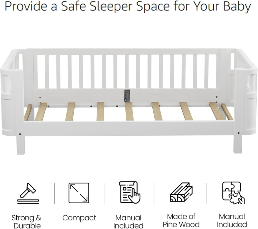 Twin Size Kids Bed with Rails, Wood Twin Montessori Bed Frame with Slats Support, Low to Ground Modern Baby Daybed with Detachable Side Bed Rails for Boys Girls Bedroom, White