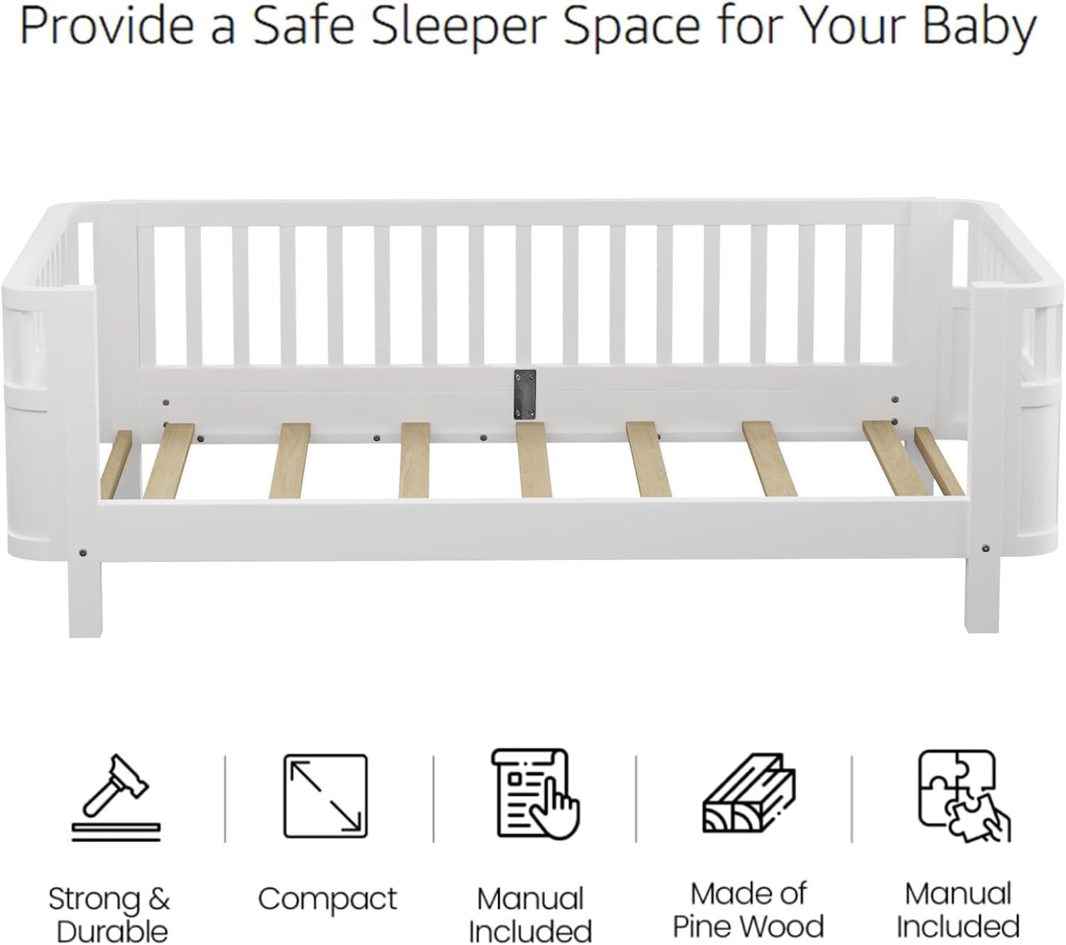 Twin Size Kids Bed with Rails, Wood Twin Montessori Bed Frame with Slats Support, Low to Ground Modern Baby Daybed with Detachable Side Bed Rails for Boys Girls Bedroom, White