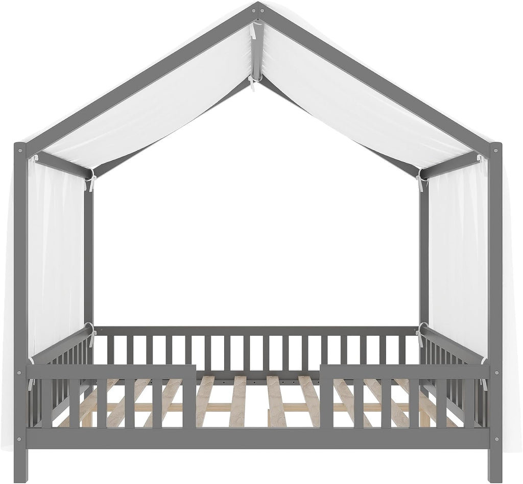 Full Montessori House Bed with High Rails, Wood Low House Floor Bed with Roof & Canopy, Full House Beds Frame for Girls Boys, No Box Spring Needed, Gray