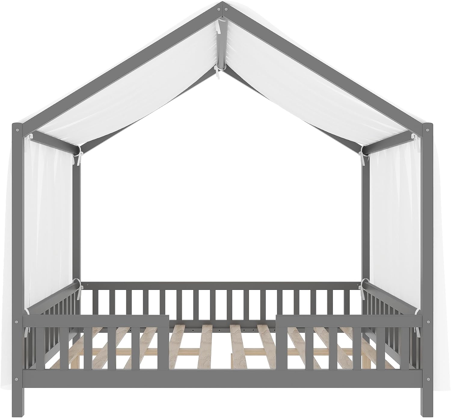 Full Montessori House Bed with High Rails, Wood Low House Floor Bed with Roof & Canopy, Full House Beds Frame for Girls Boys, No Box Spring Needed, Gray