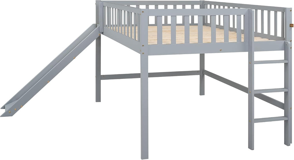 JIVOIT Full Size Wood Loft Bed with Slide, Low Loft Bed with Built-in Ladder and Safety Rails, Space Saving Kids Loft Bed with Underneath Spacious Space, for Kids Boys Girls (Gray,Full 1)