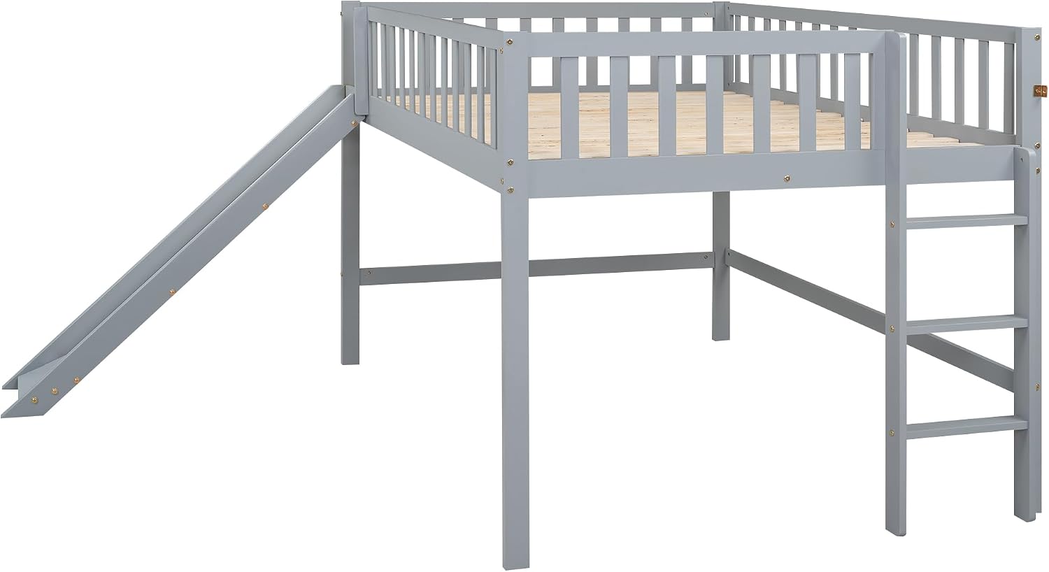 JIVOIT Full Size Wood Loft Bed with Slide, Low Loft Bed with Built-in Ladder and Safety Rails, Space Saving Kids Loft Bed with Underneath Spacious Space, for Kids Boys Girls (Gray,Full 1)