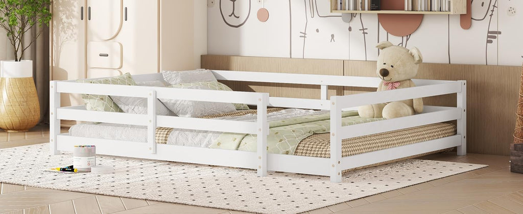 Modern Classic Full Size Bed Frame with Fence, Sturdy Wood Montessori Floor Bed for s, Boys, Girls, Dorm, Bedroom, House, Easy to Assemble, Noise-Free Design, No Box Spring Needed,White-Fu