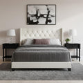 HOME DESIGN Homer Twin Tufted Wingback Upholstered Panel Bed with 2 Matching 1 Drawer Nightstands, Bedroom Furniture Set with Open Shelf Storage, Light Beige Black
