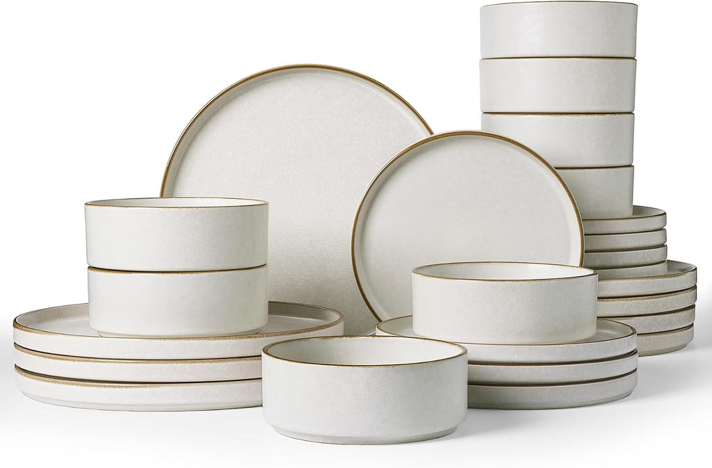 Famiware Nebula Plates and Bowls Sets, 24 Pieces Stoneware Dinnerware Sets, Reactive Glaze Dish Set, Dishes Set for 8, Matte Beige White with Brown Rim