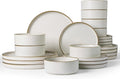 Famiware Nebula Plates and Bowls Sets, 24 Pieces Stoneware Dinnerware Sets, Reactive Glaze Dish Set, Dishes Set for 8, Matte Beige White with Brown Rim