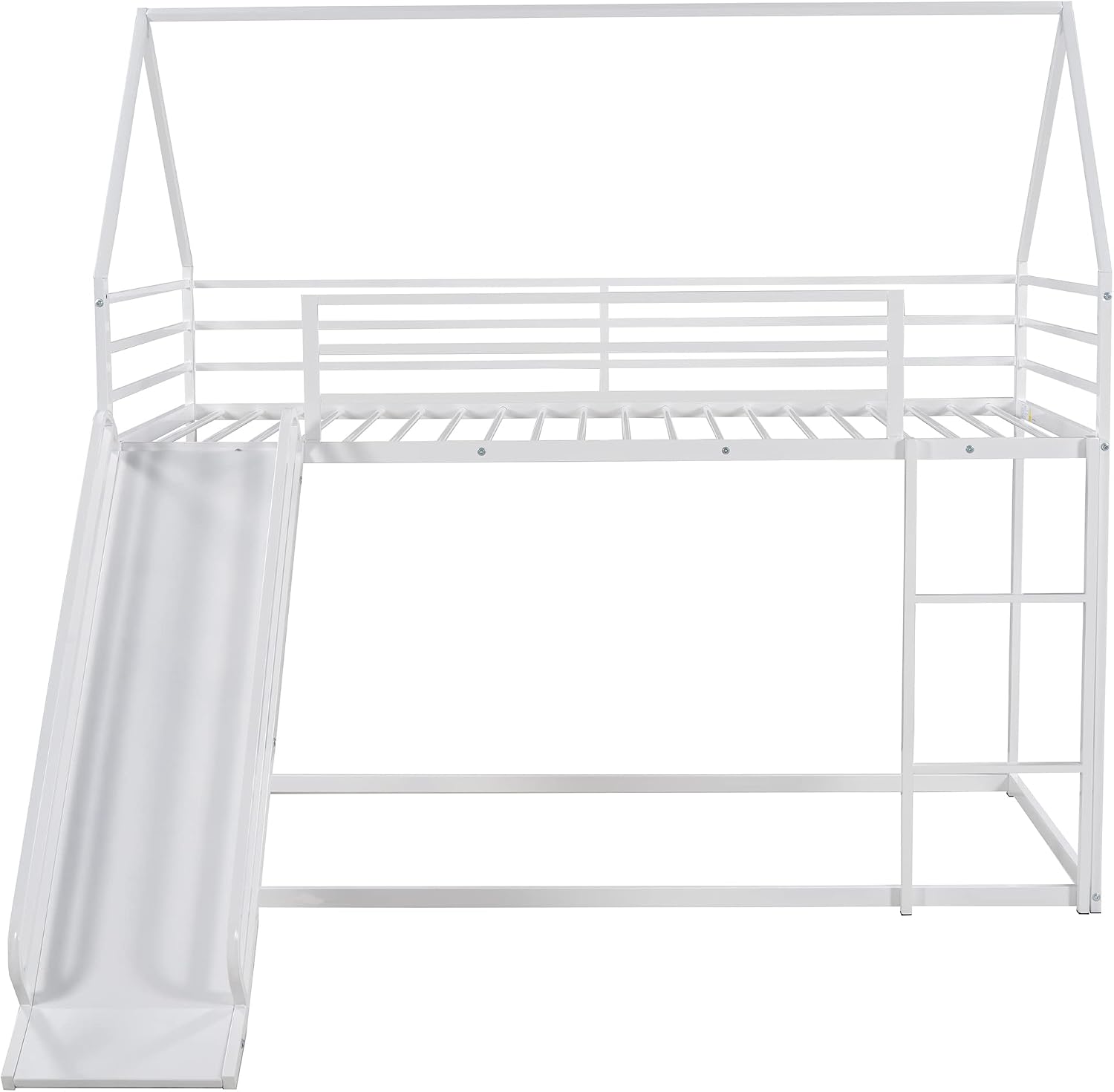 Metal Twin Size House Bed with Roof and Slats Support,Playhouse Design Montessori Floor Bed Frame W/Headboard & Footboard,No Box Spring Needed,for Kids Girls Boys,White