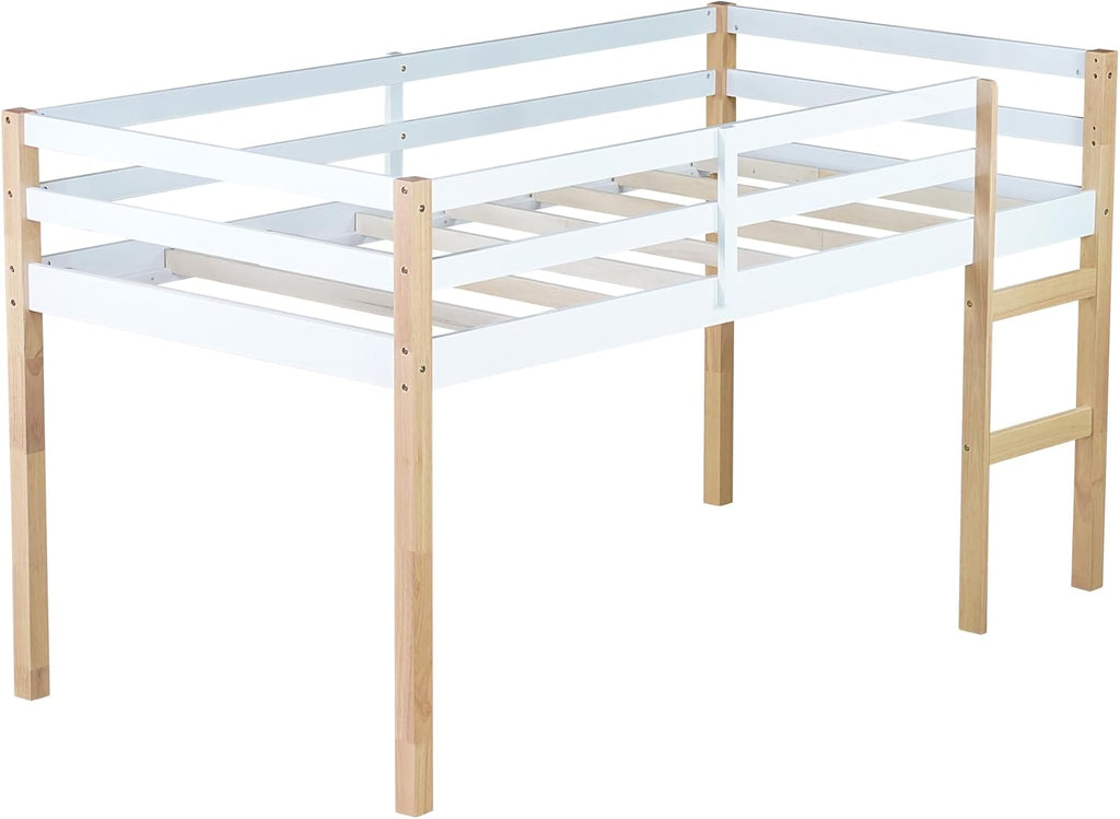 JIVOIT Solid Wooden Twin Loft Bed with Ladder, Rubber Wood Bed Frame with Ladder, Platform of Strengthened Slats, Low Height Design Loft Bed, No Box Spring Needed