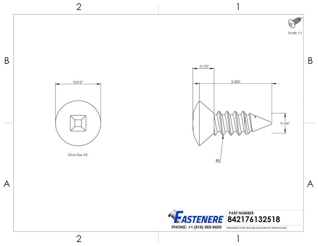 #8 x 1/2' Oval Head Sheet Metal Screws, Square Drive, Stainless Steel 18-8, Full Thread, Bright Finish, Self-Tapping, Type A, Quantity 2500 By Fastenere