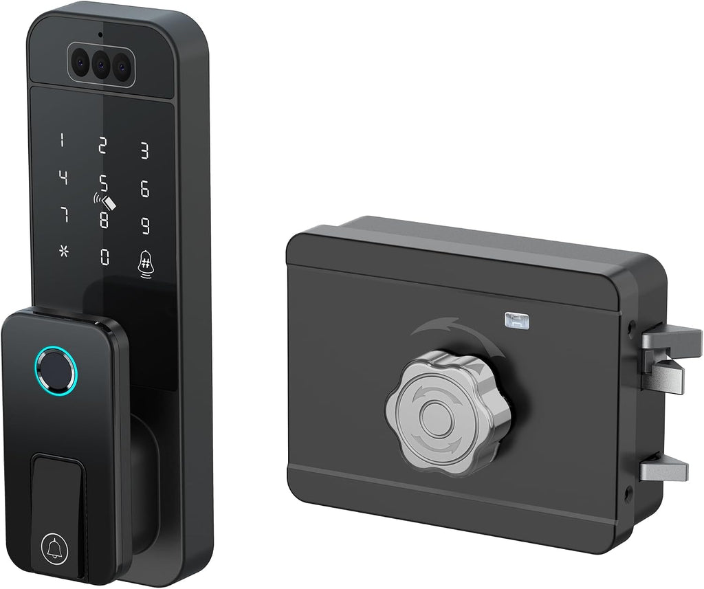 Smart Latch Door Lock with Face Recognition & Doorbell, 7-in-1 Keyless Entry, Palm Vein, Fingerprint, Password, IC Card, Key, Tuya App Control, Auto-Lock, Touchscreen Keypad, Black