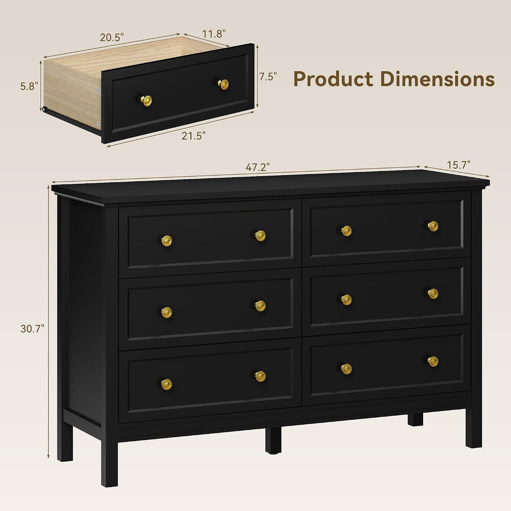 LYNSOM Black Dresser for Bedroom, 6 Drawer Dresser with Wide Drawer and Metal Handles, Wood Dressers & Chests of Drawers for Hallway, Entryway