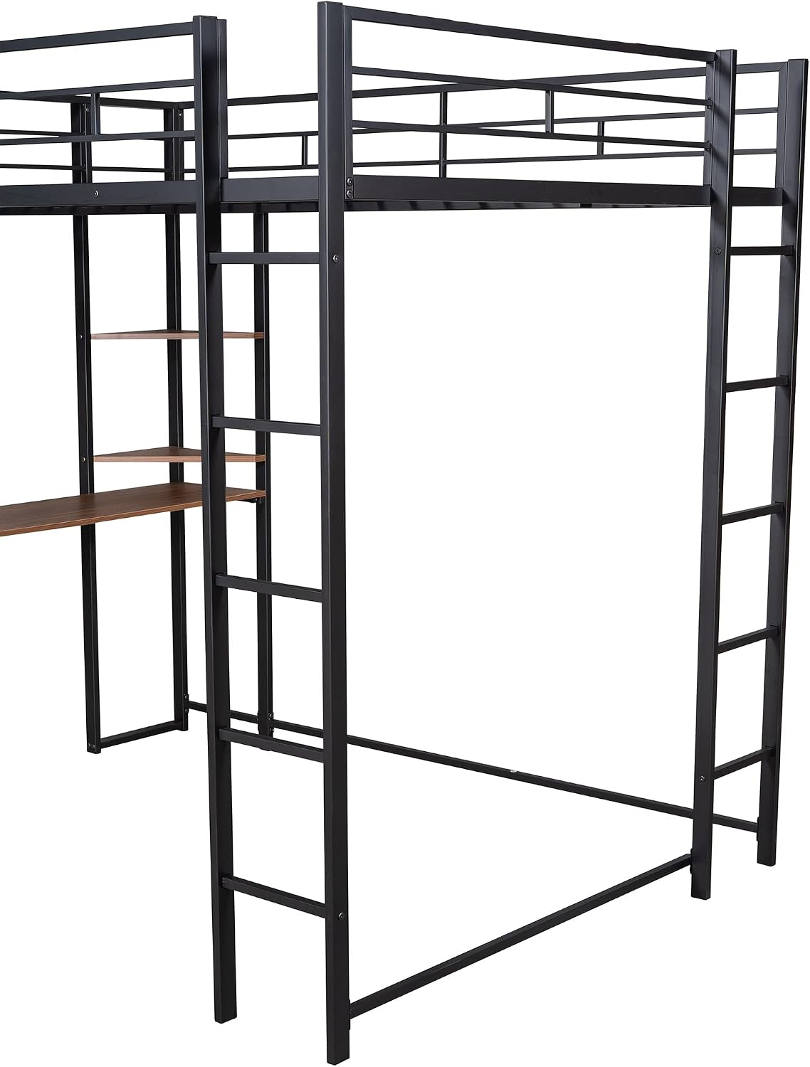 Full Size Loft Bed with 2 Shelves and Desk, Metal Structure Bed Frame with Build-in Ladders and Safety Guardrail for Dorm, Bedroom, Guest Room, No Box Spring Needed (Black-02, Full)