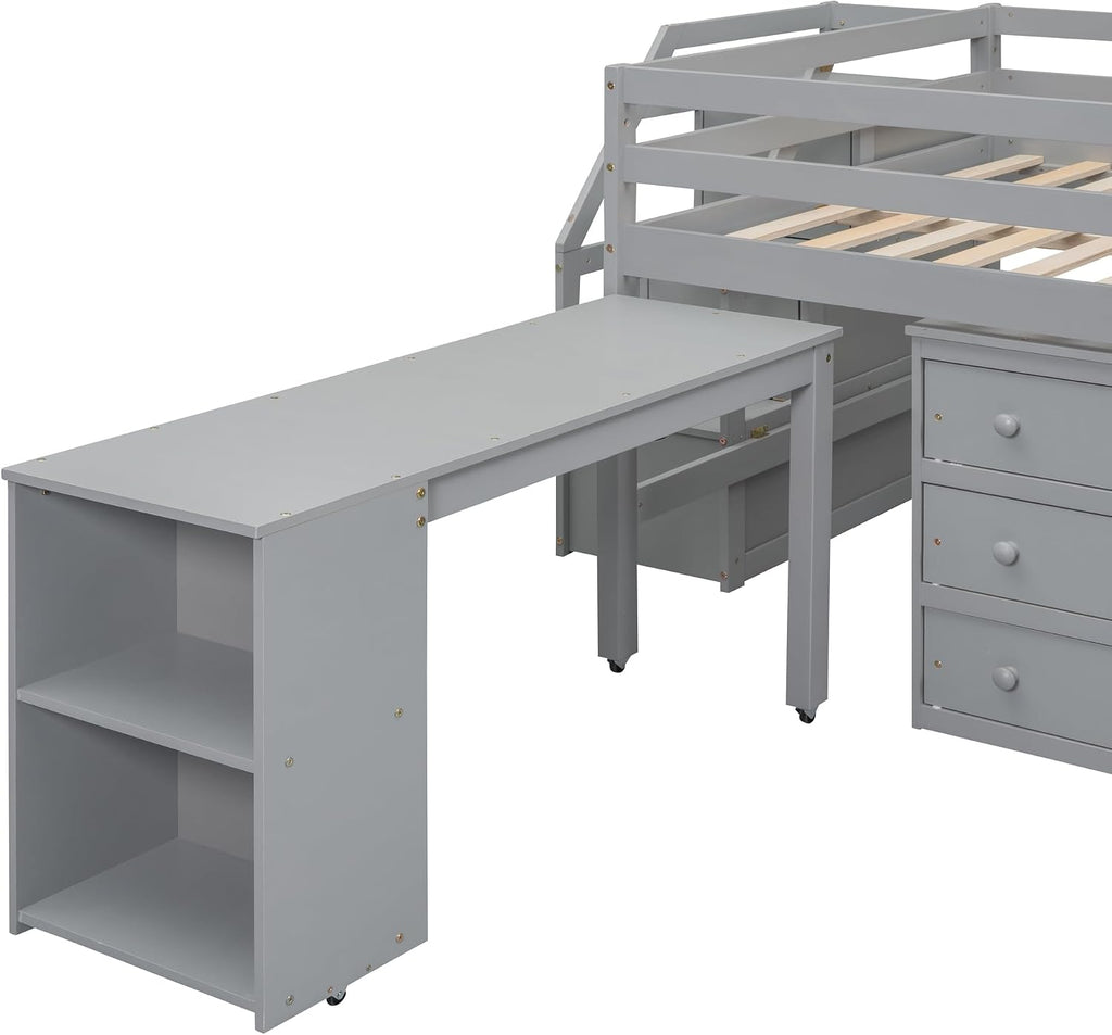 Full Size Loft Bed with Retractable Writing Desk, Wooden Loft Bed with 3 Drawers and Shelves, Storage Stairs, Versatility Low Loft Bed Storage Bed for Kids Boys Girls Bedroom (Gray,Storage Stairs)