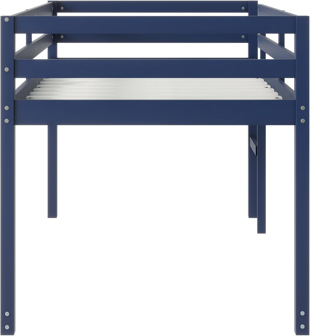 JIVOIT Twin Size Loft Bed with Ladder, Solid Rubber Wooden Low Height Loft Bed, Bed Platform of Strengthened Slats, No Box Spring Needed (Blue//14)