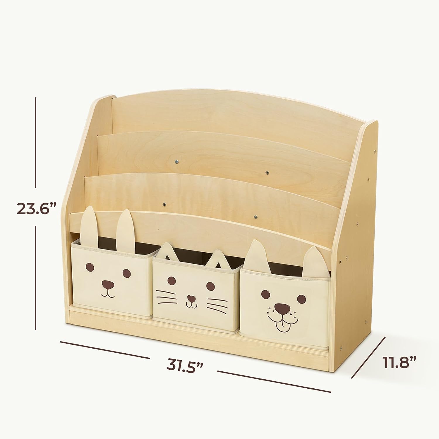 OOOK 3-Tier Kids Bookshelf with 3 Removable Fabric Storage Bins, Front Facing Toddler Montessori Bookshelf, Wooden Bookshelves for Kidsroom, Classroom, Playroom, Nursery