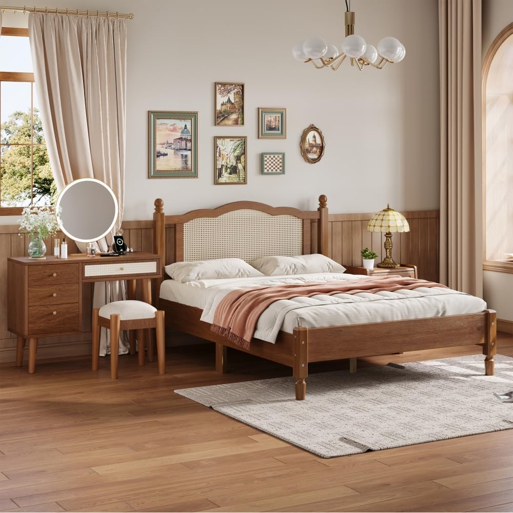 3 Pieces Bedroom Set with Full Size Wooden Bed Frame, 1 Vintage Nightstand and 1 Makeup Vanity Set with Stool,Black (Walnut + Wood + Full + 3 Piece Set)