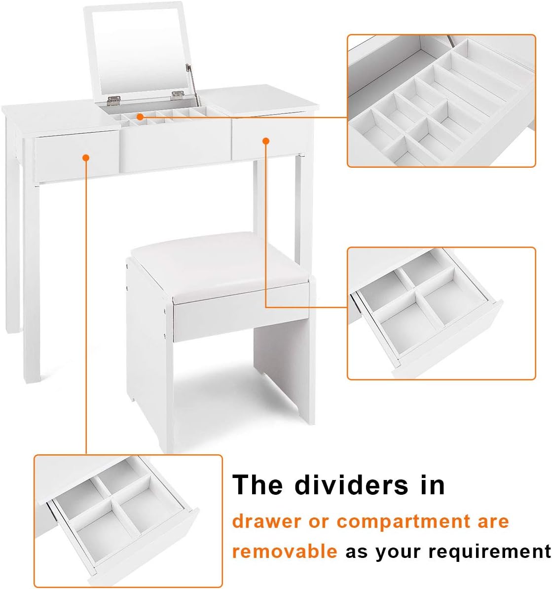 Giantex Vanity Set with Flip Top Mirror and Cushioned Stool, Makeup Dressing Table Writing Desk with 2 Drawers & 3 Removable Organizers, Makeup Table Set Easy Assembly, White