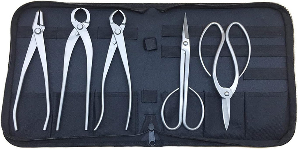 YUEWO Bonsai Tool Kit 5 Pcs 8' Master's Grade for Bonsai Tree with Jin Pliers, Root Cutter, Knob Cutter Concave, Long Handle Scissors, Root Pruning Scissors