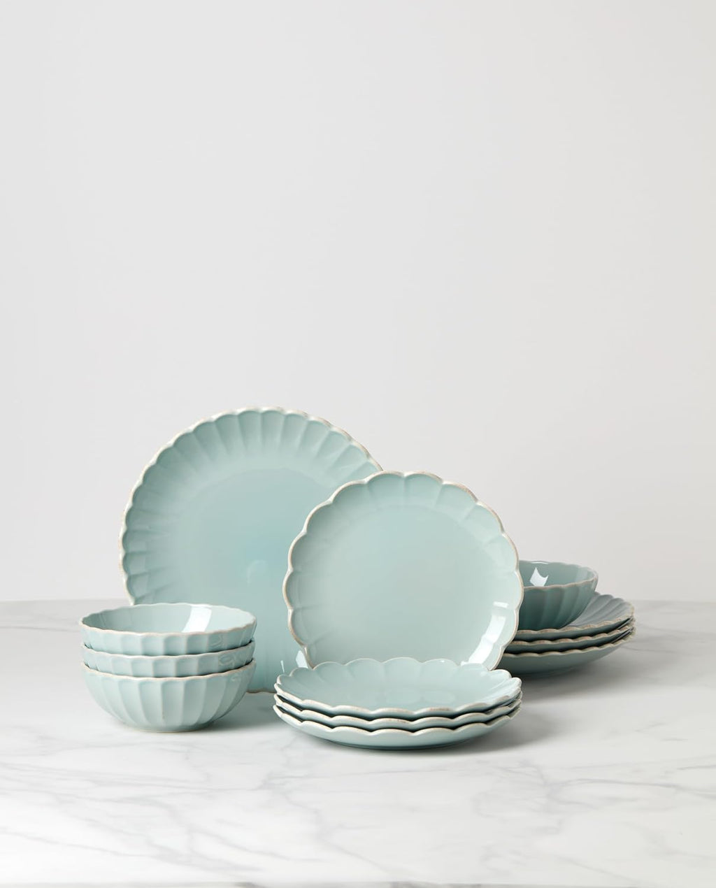 Lenox Dinnerware Set, French Perle Scallop Ice Blue 12-Piece Set, Service For 4, Stoneware, Dishwasher Safe, Microwave Safe, Plates and Bowls sets, Dish Set, Home And Kitchen (Ice Blue, 12 Piece)