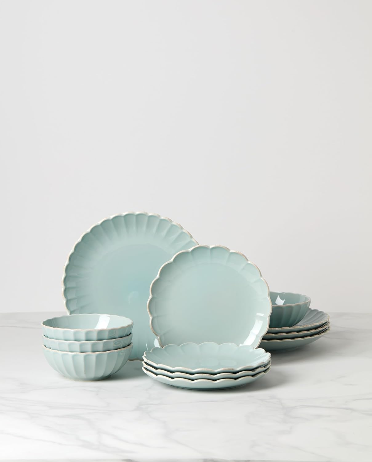 Lenox Dinnerware Set, French Perle Scallop Ice Blue 12-Piece Set, Service For 4, Stoneware, Dishwasher Safe, Microwave Safe, Plates and Bowls sets, Dish Set, Home And Kitchen (Ice Blue, 12 Piece)