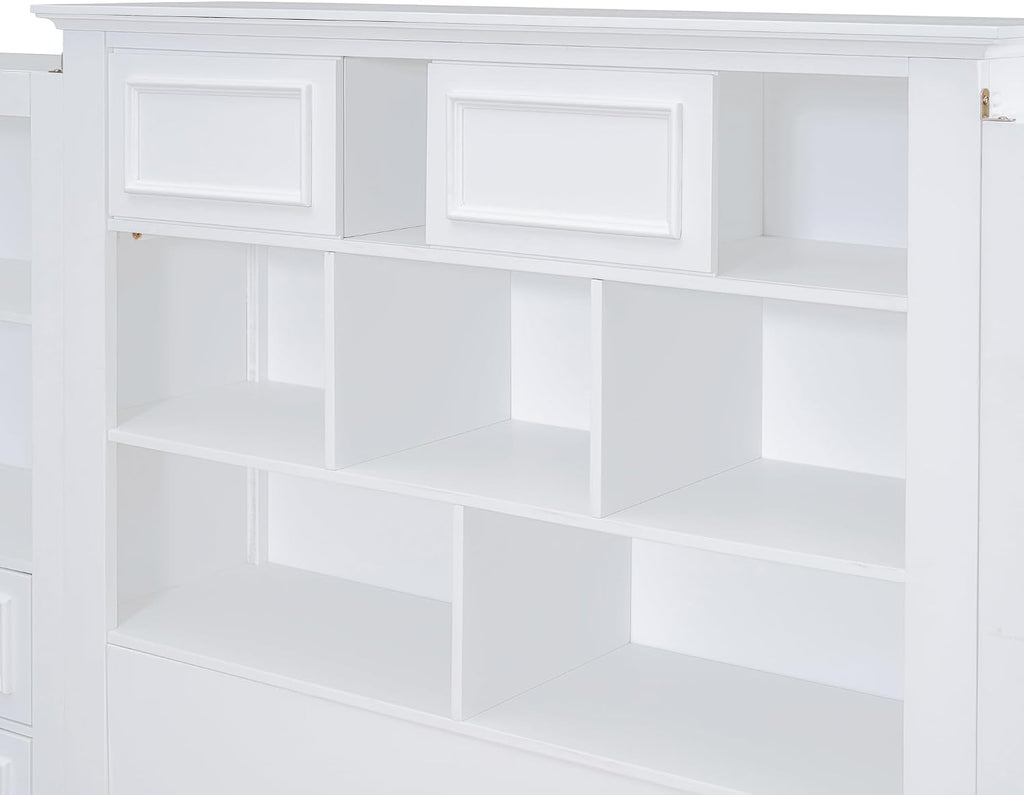 Twin Size Platform Bed with All-in-One Vertical Cabinet Bookcase, Solid Wood Captain's Bed Platform Bed Frame with 4 Drawers on Each Side, Storage Headboard (White-A)