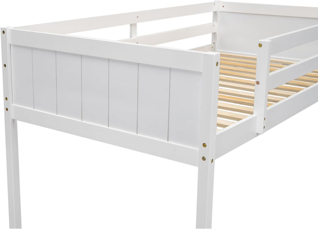 Twin Size Loft Bed, Wood Low Loft Bed with Convertible Ladder, Ladder can be Placed on the Left or Right, Safety Guardrails, Wood Slats Support, No Box Spring Required (White & Convertible Ladder)