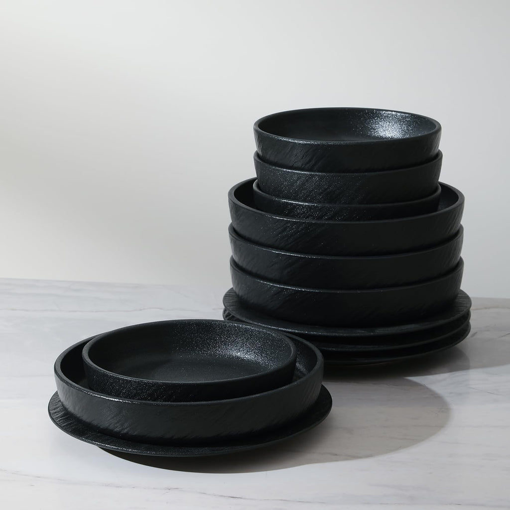 Stone Lain Senso 12-Piece Dinnerware Set New Bone China, Plates and Bowls Sets, Dish set for 4, Dinner and Salad Plates, Black