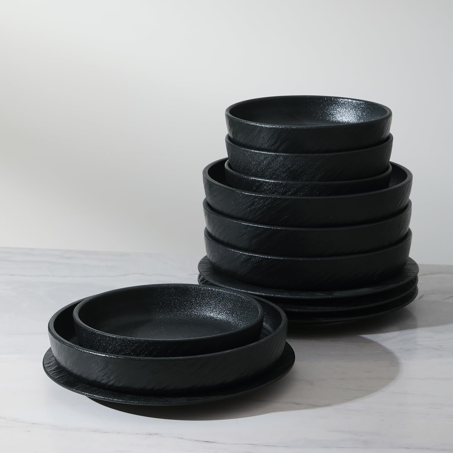Stone Lain Senso 12-Piece Dinnerware Set New Bone China, Plates and Bowls Sets, Dish set for 4, Dinner and Salad Plates, Black
