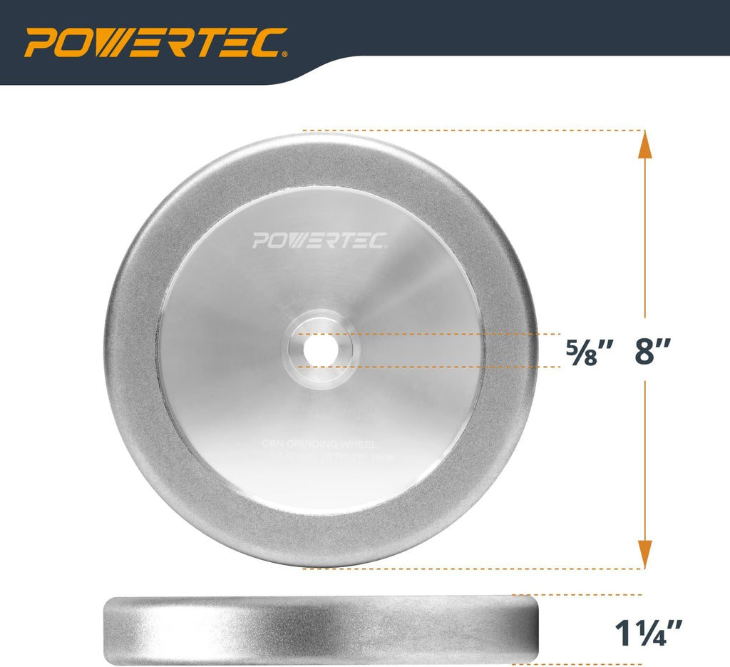 POWERTEC CBN Grinding Wheel 8 Inch 180 Grit, 1-1/4' Wide, 5/8' Arbor – 4-in-1 CBN Sharpening Wheel with 1/4' Radius Edge and Side Face for Bench Grinder (15702)